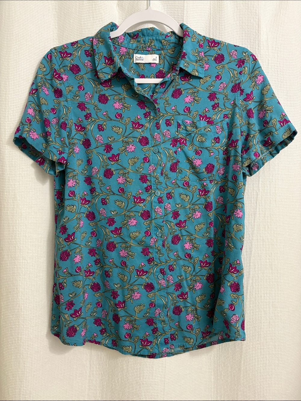 Croft & Barrow Teal Short-Sleeve Floral Button-Up Blouse - Size S